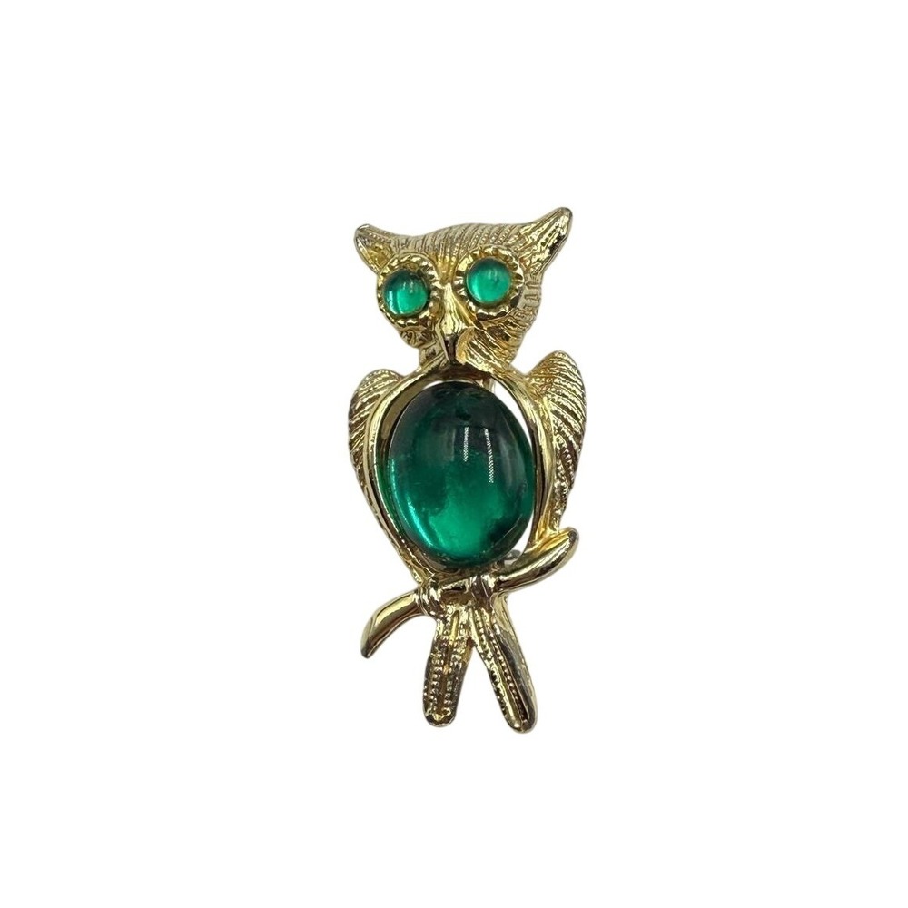 Vintage Gold Tone Owl Brooch Green Cabochon Eyes and Belly Woodland Jewelry